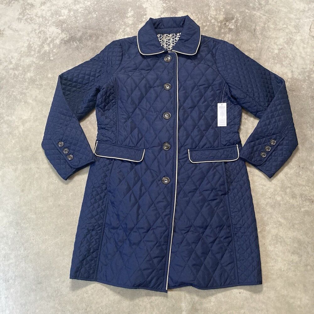 Chicos Jacket Womens 10 Clasic Navy Blue Quilted Elongated Outerwear Leather